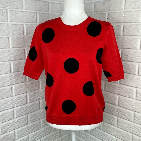 CARMEN MARC VALVO POLKA DOT SHORT SLEEVE SWEATER SO SOFT RED AND BLACK SZ MED - Picture 1 of 8